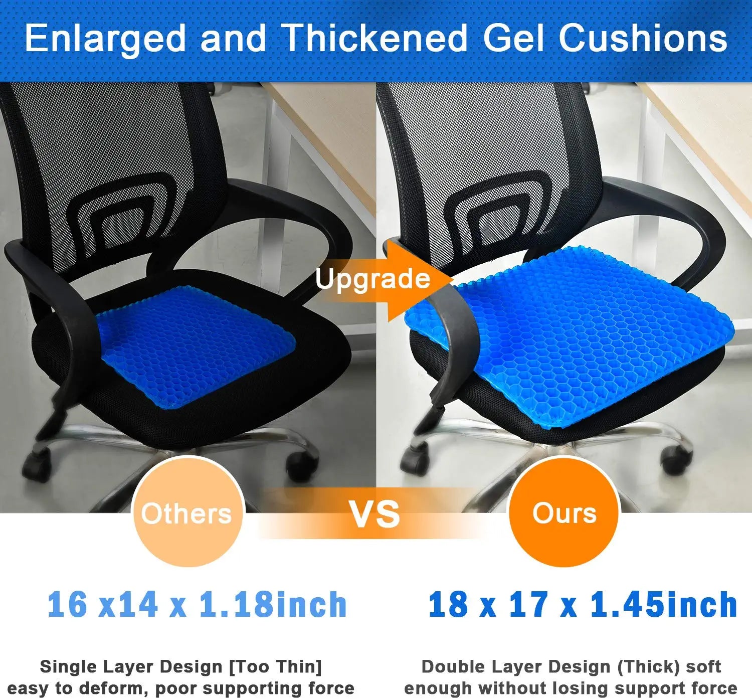 Gel Seat Cushion for Long Sitting, Seat Cushion for Office Chair, Gel Chair Cushion for Desk Chair, Pressure Relief Gel Cushion Firm Coccyx Cushion